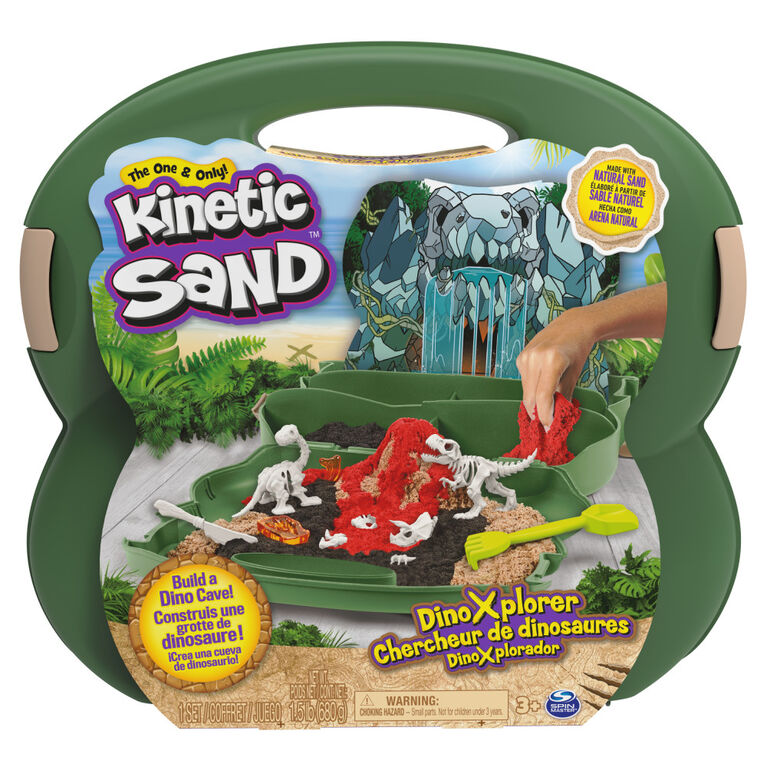 Kinetic Sand, Dino Xplorer Set, 1.5lbs of Play Sand (Brown Beach, Red, Black), Reusable Storage Case, Fossils, 4 Tools and Molds, Sensory Toy