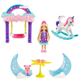 ​Barbie Dreamtopia Chelsea Princess Doll & Fairytale Sleepover Playset with Loft Bed, Swing, Moon Chairs & Unicorn Rocking Horse