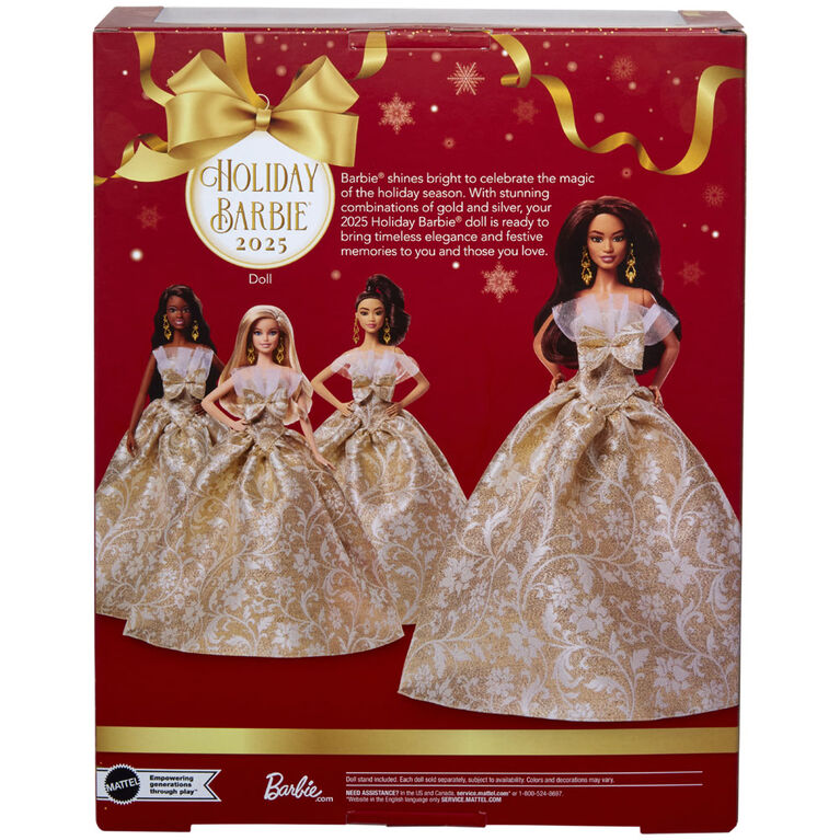 Barbie Signature 2025 Holiday Barbie Fashion Doll, Seasonal Collector, Dark Brown Hair with Silver & Gold Gown