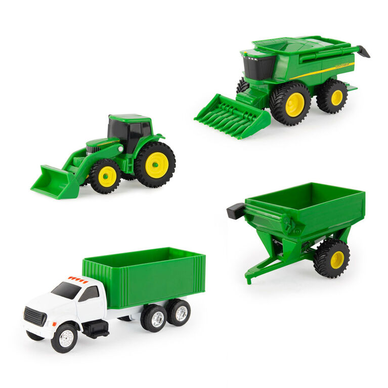 John Deere 1:64 Scale 4-Piece Toy Vehicle Set with Combine, Grain Truck, Grain Cart and Loader Tractor.