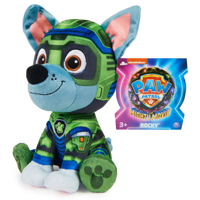 PAW Patrol: The Mighty Movie, Mighty Pups Rocky Plush Toy, 7-Inch Tall, Premium Stuffed Animals