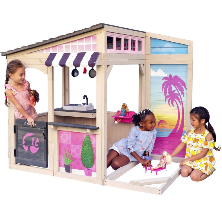 KidKraft Barbie Seaside Wooden Outdoor Playhouse with Attachable Doll Table and Chairs