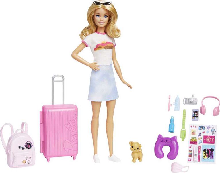 Barbie Doll and Accessories, "Malibu" Travel Set with Puppy and 10+ Pieces Including Working Suitcase