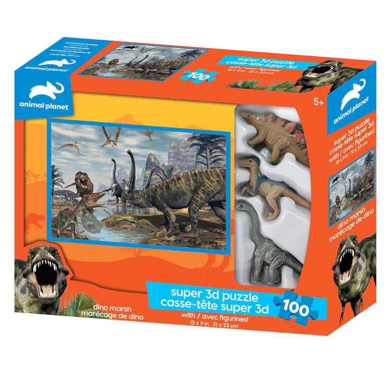 Planète Animale - Marécage de dino - 100 pc Casse-tête Super 3D avec 3 figurines