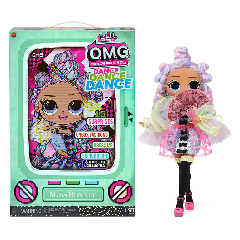 LOL Surprise OMG Dance Dance Dance Miss Royale Fashion Doll with 15 Surprises Including Magic Blacklight, Shoes, Hair Brush, Doll Stand and TV Package