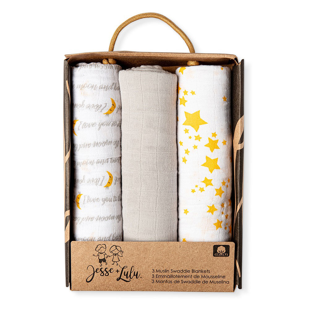 Jesse + Lulu Grey Galaxy Cotton Muslin Swaddle Blanket -Set Of 3