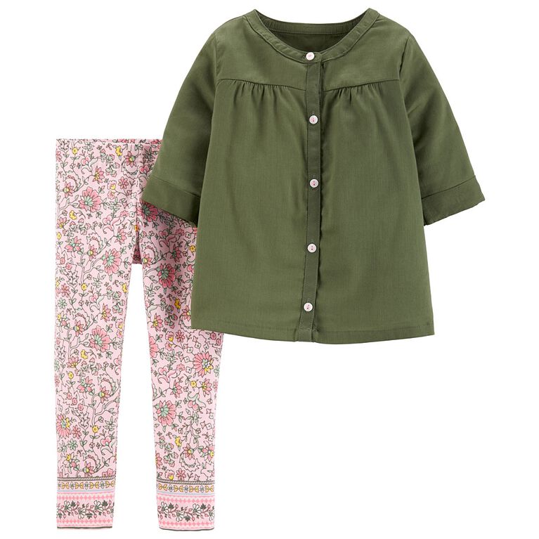 Carter's 2-Piece Sateen Button-Front Top & Floral Legging Set - Olive, 3 Months