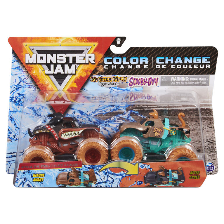 Monster Jam, Monster trucks Monster Mutt Rottweiler vs. Scooby Doo officiels qui changent de couleur en métal moulé, échelle 1:64