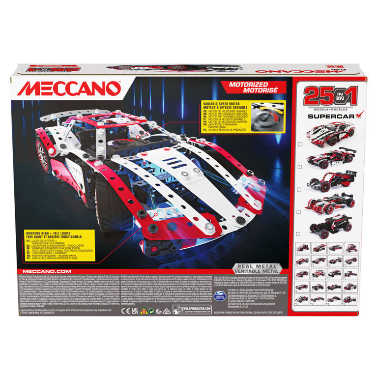 Meccano, Kit de construction STEM, Supercar motorisée 25 en 1 avec 347 pièces, vrais outils et feux avant fonctionnels