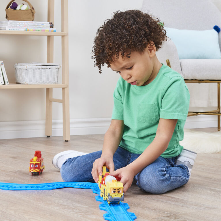 Mighty Express, Train motorisé Brock le bâtisseur avec outil qui fonctionne vraiment et wagon de cargaison, jouets pour enfants à partir de 3 ans