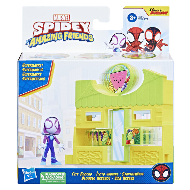 Marvel Spidey and His Amazing Friends City Blocks Ghost Spider Supermarket, Kids Playset with Action Figure