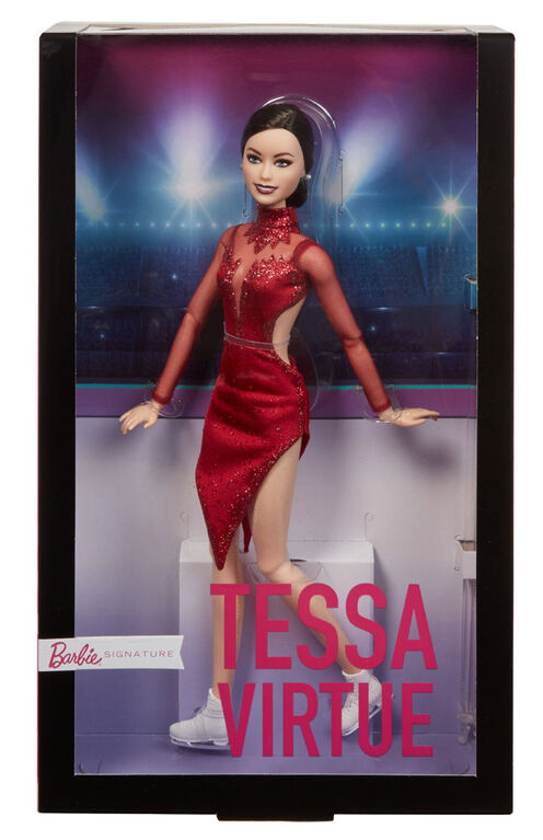 Poupée ​Tessa Virtue Barbie Shero articulée, vêtue d'une tenue de patineuse artistique pourpre et de patins à glace