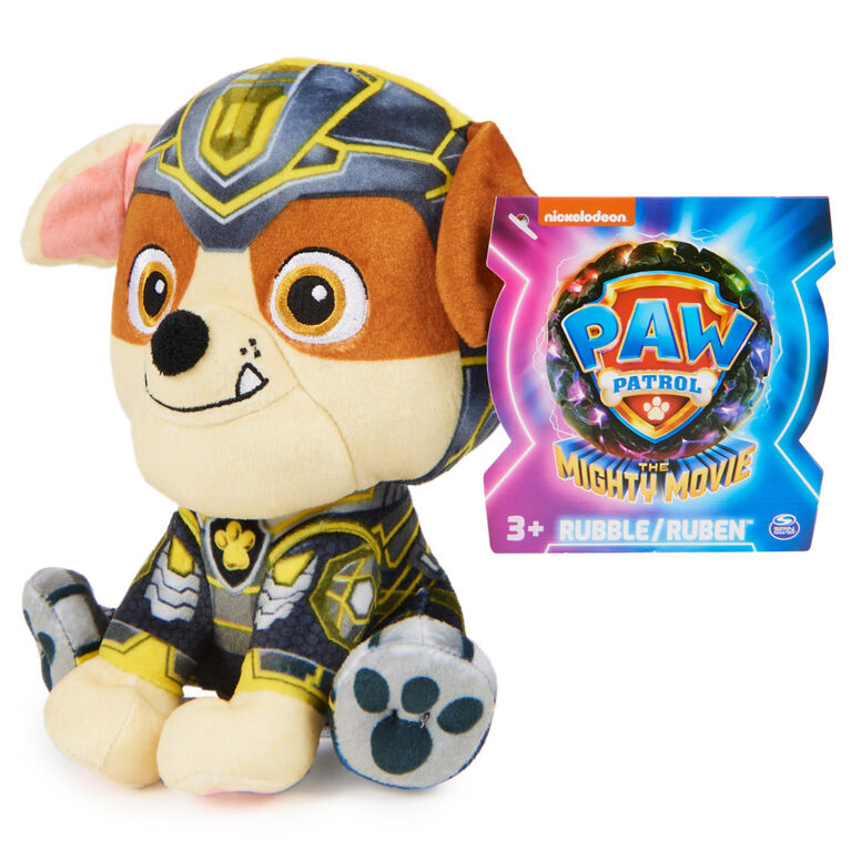 PAW Patrol: The Mighty Movie, Mighty Pups Rubble Plush Toy, 7-Inch Tall, Premium Stuffed Animals