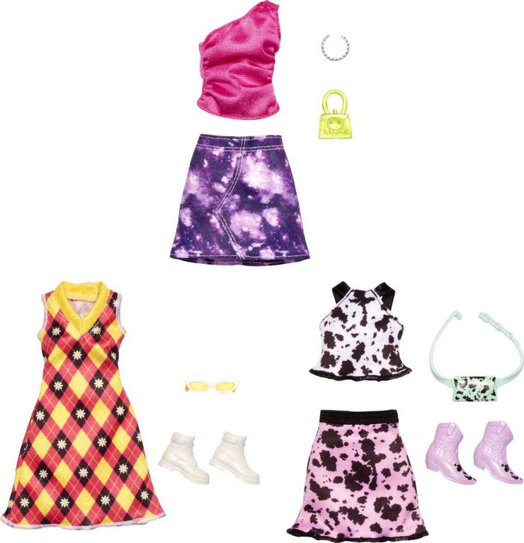 Barbie Fashion Pack of Doll Clothes, Complete Look Set with Pink Top, Tie-Dye Skirt and Accessories