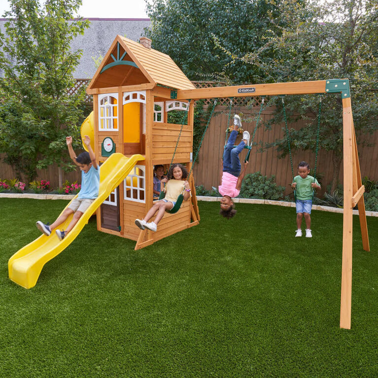 KidKraft - Castlewood Wooden Swing Set / Playset with Clubhouse, Mailbox, Slide and Play Kitchen - R Exclusive