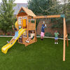 KidKraft - Castlewood Wooden Swing Set / Playset with Clubhouse, Mailbox, Slide and Play Kitchen - R Exclusive