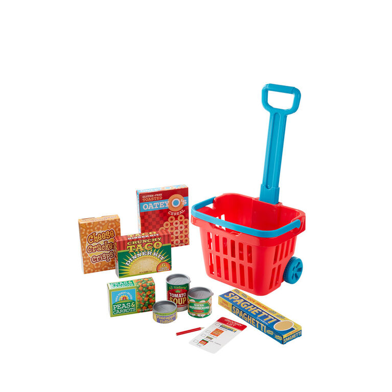 Melissa & Doug Fill and Roll Grocery Basket Play Set With Play Food Boxes and Cans - styles may vary