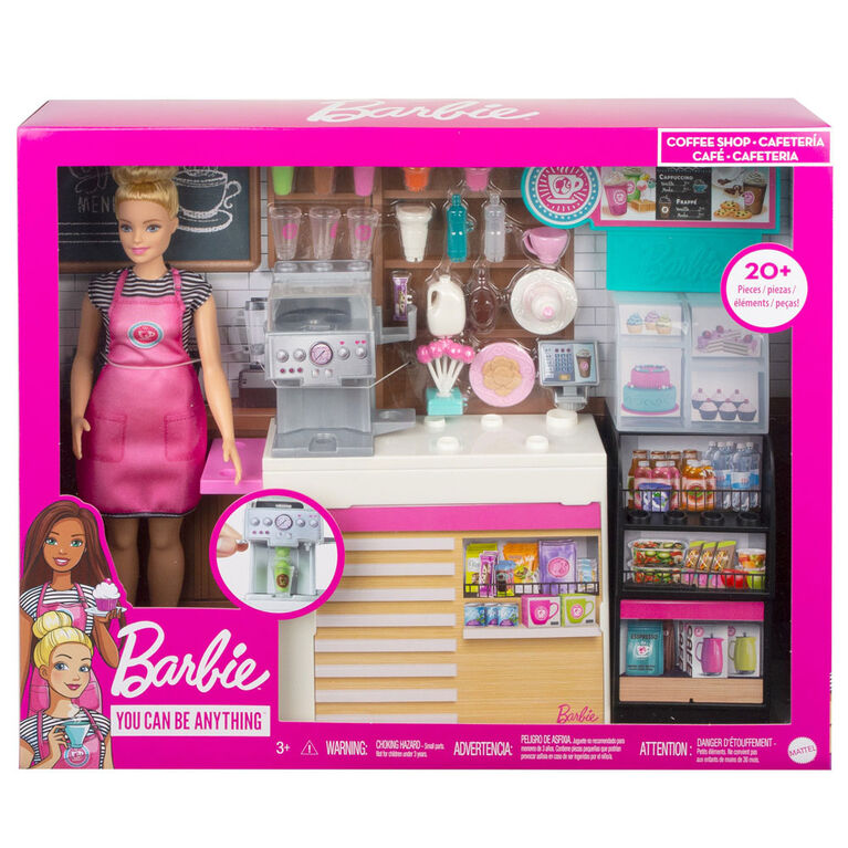 Barbie Coffee Shop with 12-in/30.40-cm Blonde Curvy Doll & 20+ Realistic Play Pieces