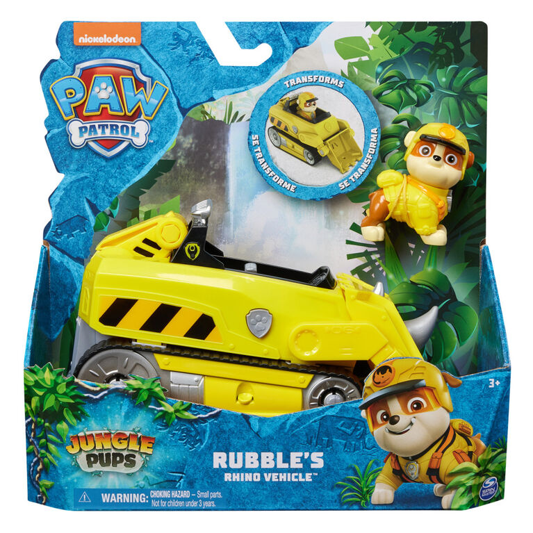 PAW Patrol Jungle Pups, Rubble's Rhino Vehicle, Camion avec figurine articulée à collectionner