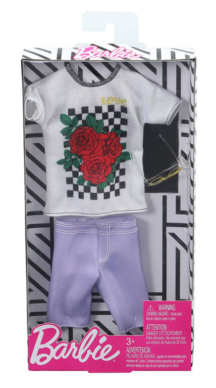 Vêtements Barbie - 1 tenue et 1 accessoire pour la poupée Ken comprend t-shirt à graphique, short violet et lunettes