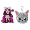 Na Na Na Surprise 2-in-1 Soft Fashion Doll and Metallic Purse Glam Series - Chrissy Diamond, Purple Hair Doll in Black and Silver Outfit with Silver Holographic Iridescent Cat Purse