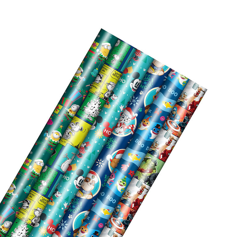 Hallmark Vintage Christmas Wrapping Paper Cut Lines on Reverse (3 Rolls:  120 sq. ft. ttl) Dancing Santas, Classic Snowman, Merry, Jolly, Happy,  Peace