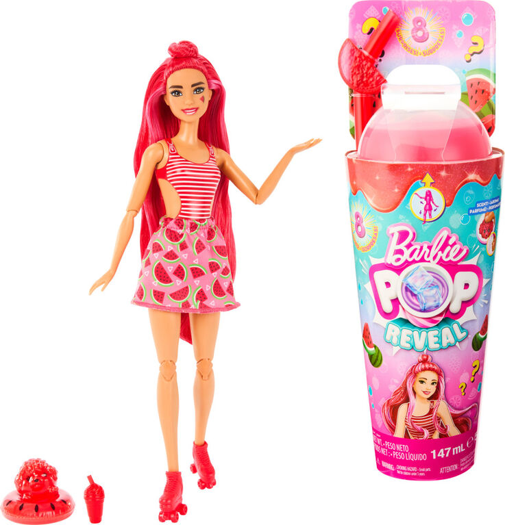 Barbie Pop Reveal Poupée de la série Fruit, thème cocktail à la pastèque avec 8 surprises dont 1 animal de compagnie et des accessoires, slime, parfum et changement de couleur