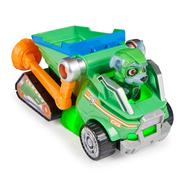 PAW Patrol : La Super Patrouille le film, Camion poubelle de recyclage avec figurine articulée Rocky Super-Chiots, sons et lumières