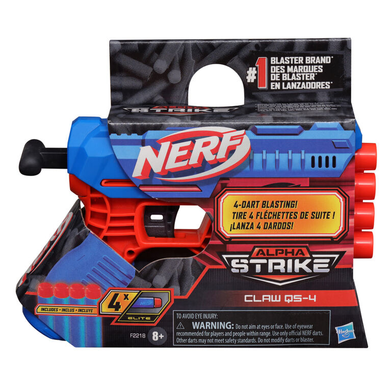 Nerf Alpha Strike Claw QS-4 Blaster and 4 Official Nerf Elite Foam Darts -- 4-Dart Blasting -- Easy Load-Prime-Fire