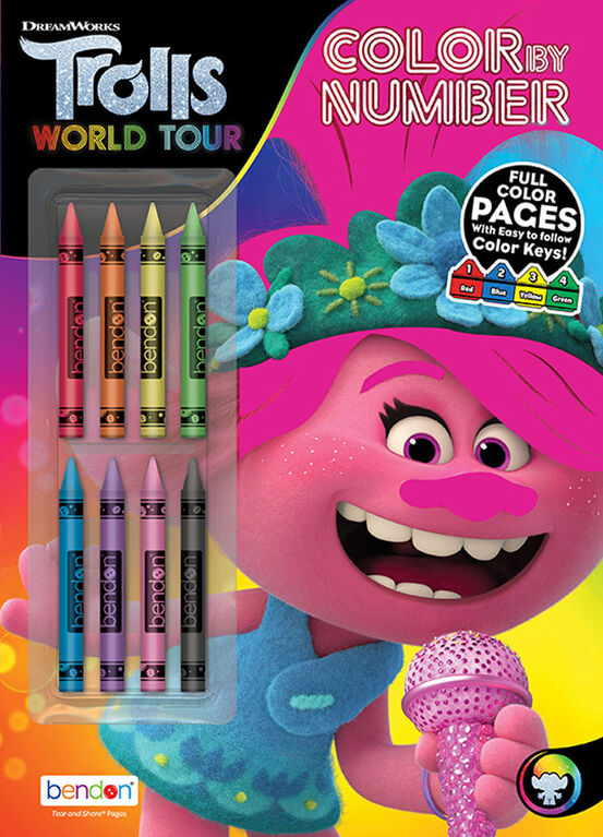Livre de coloriage par numéros avec 8 crayons de cire - Les Trolls - Édition anglaise