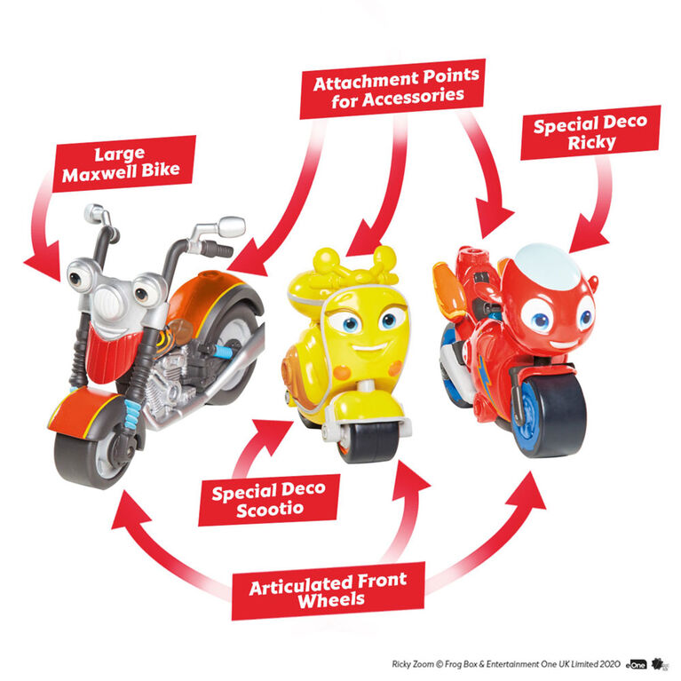 Ricky Zoom: Maxwell et les copains vélos Ensemble de 3 - Figurines d'action de 3 et 4 pouces - Vélos autonomes à roues libres - Notre exclusivité