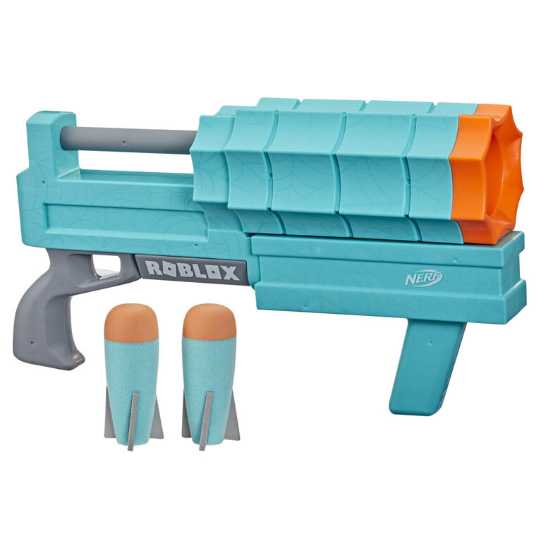 Nerf Roblox, blaster lance-roquette SharkBite: Web Launcher, inclut code pour objet virtuel exclusif, 2 roquettes Nerf, mécanisme à pompe