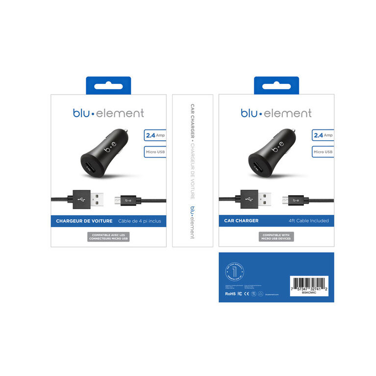 Blu Element  Chargeur de Voiture Single USB 2.4A Micro USB Câble Noir