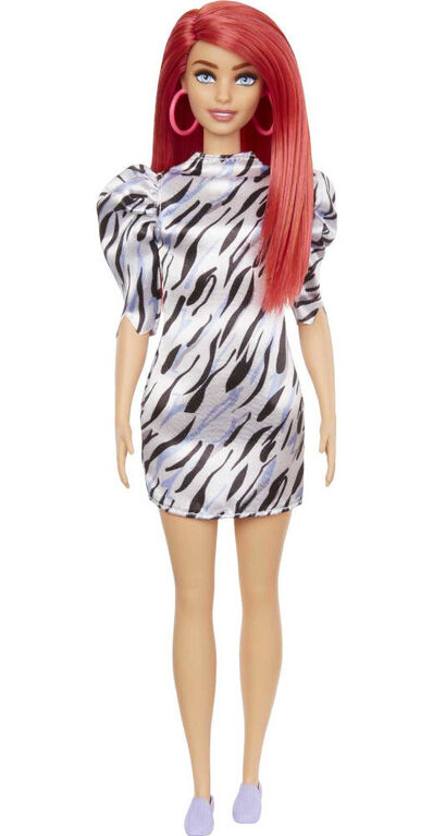 Barbie Fashionistas Doll #168, Smaller Bust, Long Red Hair, Zebra-striped Dress with Puffed Sleeves, Hoop Earrings, Shoes
