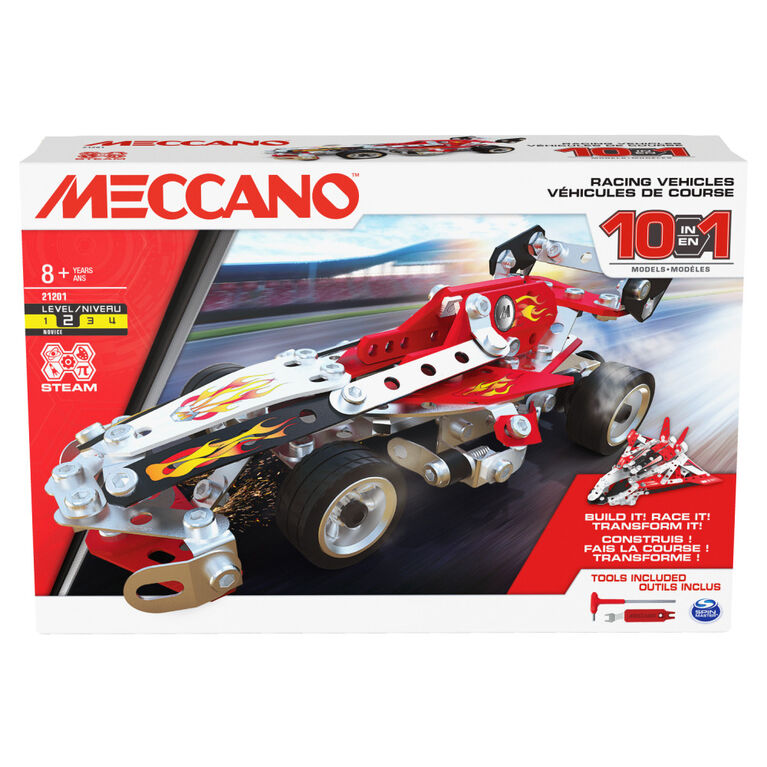 Meccano, 10-in-1 Racing Vehicles STEM Model Building Kit with 225 Parts and Real Tools