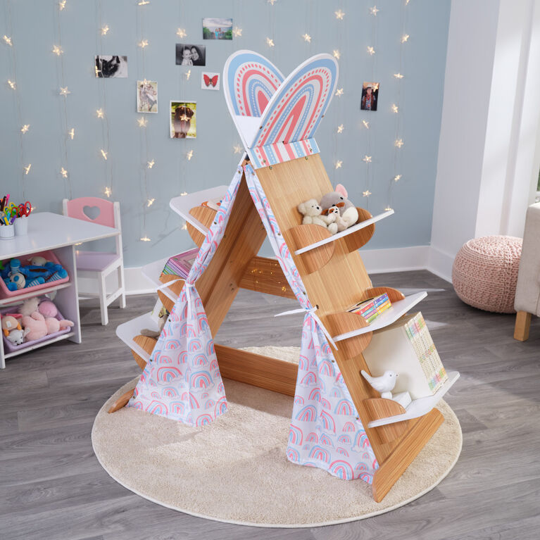 KidKraft Wood Book Nook Tent with 6 Shelves, Children's Bookcase, Caramel Ash Color