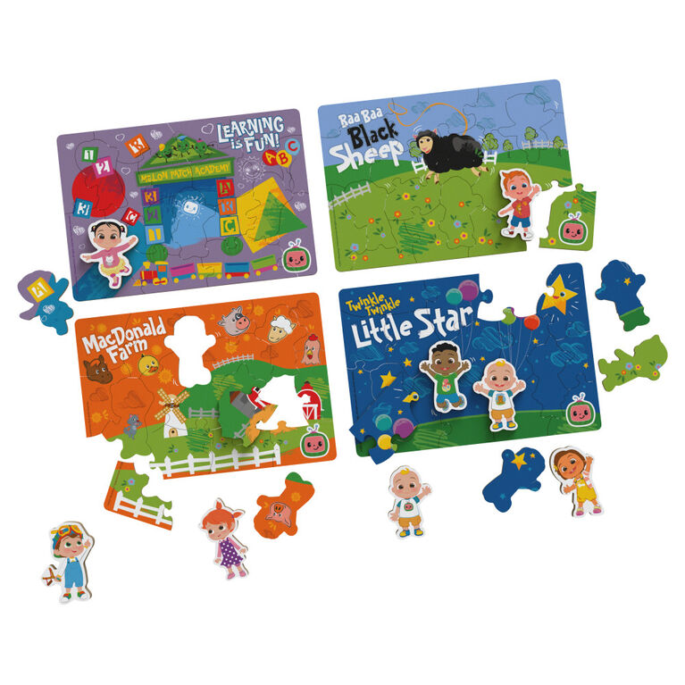 Cocomelon, 4-Pack Wooden Puzzles, 18-Pieces Each Jigsaw Toy Gift Set with Interchangeable Characters