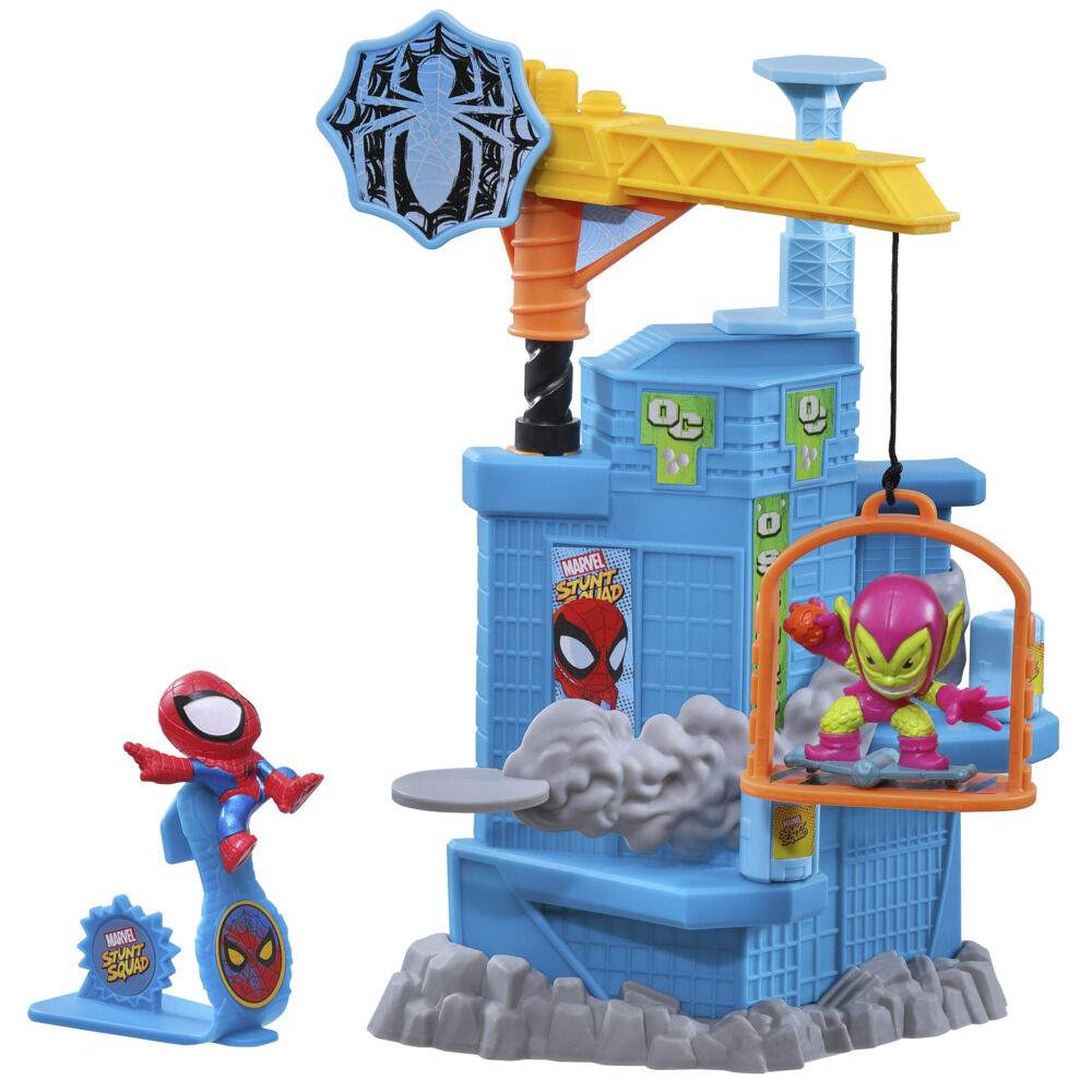 Marvel Stunt Squad Crane Smash Playset with Spider Man and Green