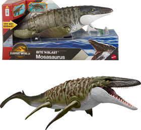 Jurassic World Rebirth Bite N Blast Mosasaurus Action Figure and Mini Dilophosaurus, Dinosaur Toy