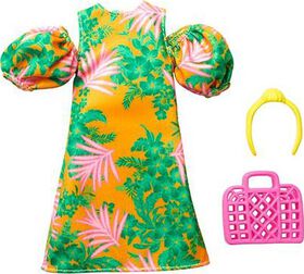 Barbie Fashion Pack of Doll Clothes, Tropical Dress with Off-Shoulder Design, Puffy Sleeves, Yellow Headband and Pink Purse