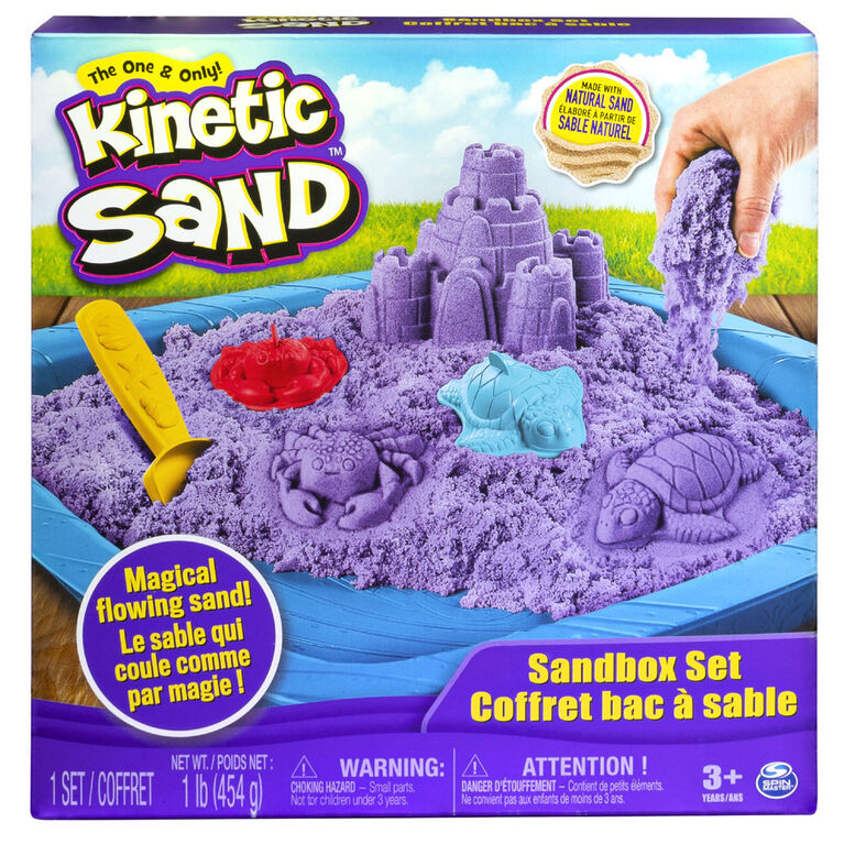 Kinetic Sand, coffret Bac à sable avec 454 g (1 lb) de sable Kinetic Sand violet et 3 moules