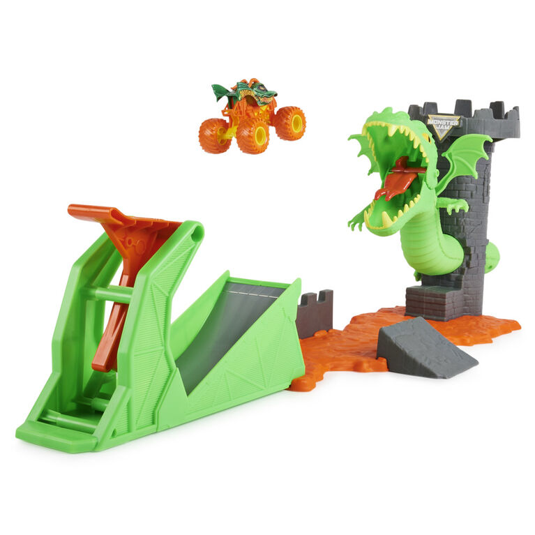 Monster Jam, Dueling Dragon Playset avec monster truck Dragon exclusif à l'échelle 1:64