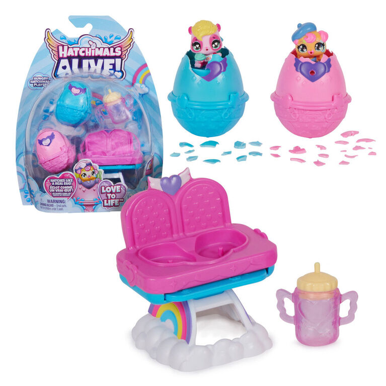 Hatchimals Alive, Hungry Hatchimals Playset avec jouet chaise haute et 2 mini figurines dans des oeufs qui éclosent tout seuls