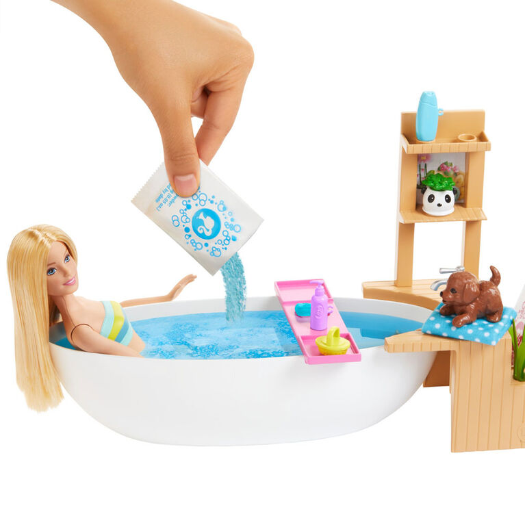 Poupée ​Barbie Bain pétillant et coffret de jeu, avec baignoire, chiot et plus encore