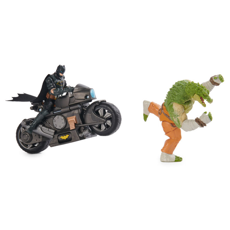 DC Comics, Batman Transforming Batcycle Battle Pack avec figurines articulées Killer Croc et Batman exclusives de 10 cm