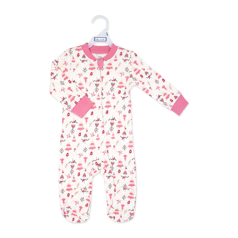 Baby Mode Grenouill&egrave;re de No&euml;l zipp&eacute;e en coton : Bonhomme de neige rose 3-6M