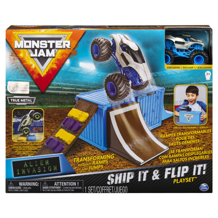 Monster Jam, Coffret transformable Ship It & Flip It avec monster truck Monster Jam exclusif en métal moulé à l'échelle 1:64