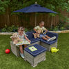 KidKraft - Wooden Outdoor Sectional Ottoman and Umbrella Set with Cushions, Kids' Patio Furniture, Barnwood Gray and Navy