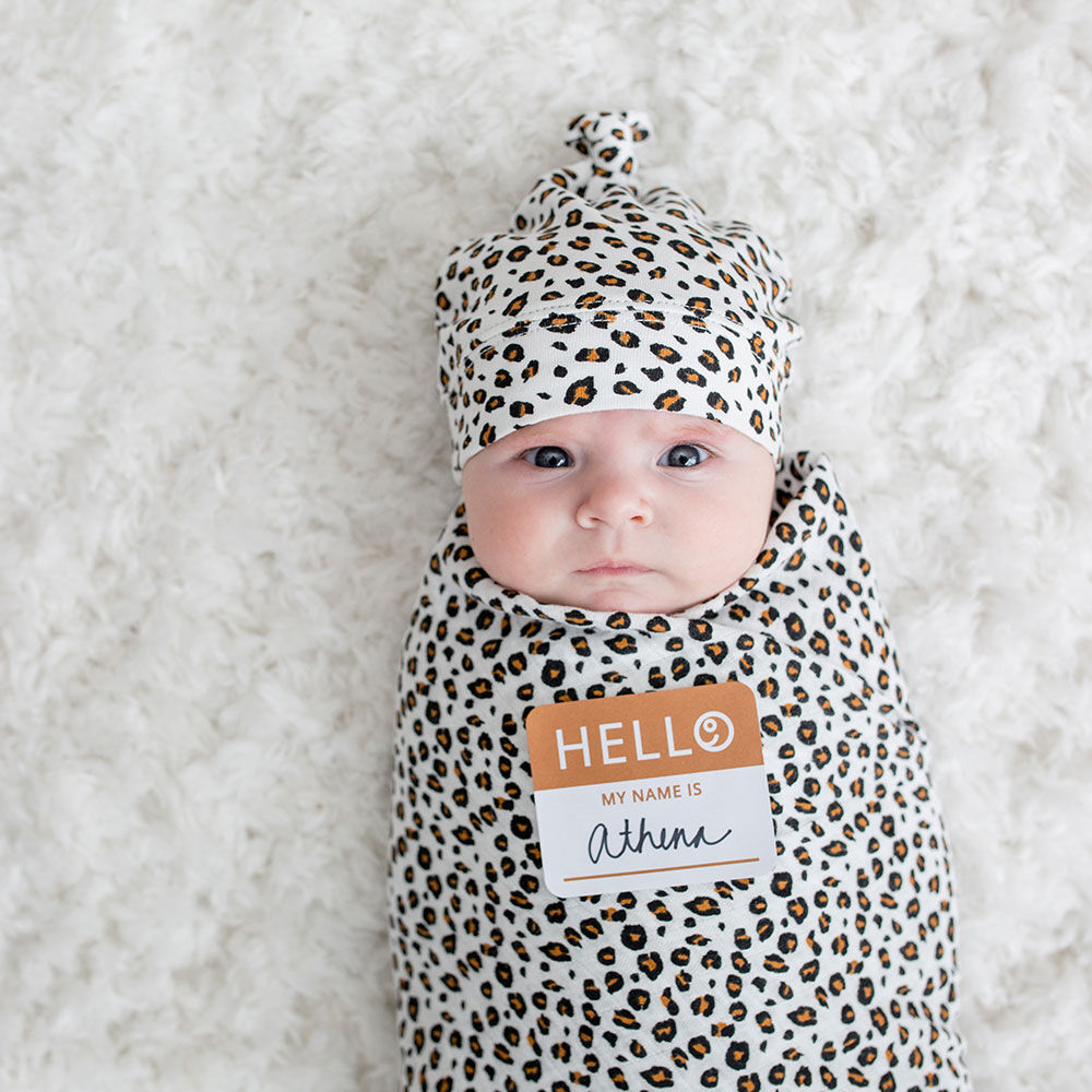 Lulujo Baby Hello World Newborn Bamboo Hat and Swaddle Blanket Set Leopard