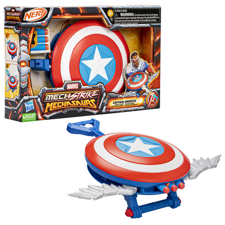 Marvel Mech Strike Mechasaurs, Blaster Redwing Nerf de Captain America, 3 fléchettes, jouet de déguisement de super-héros